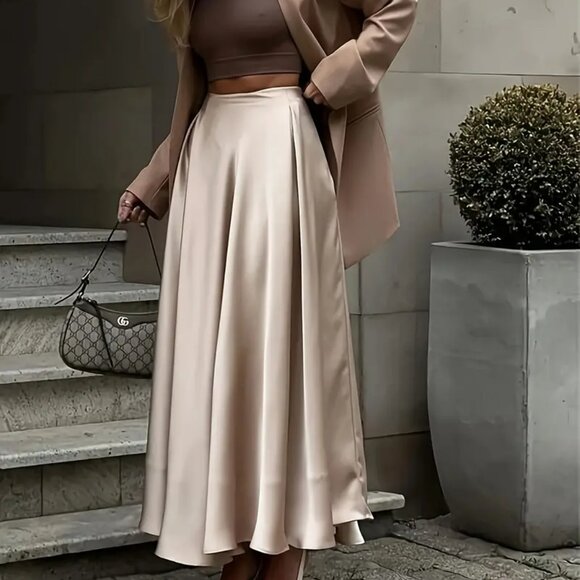 NEW! HIGH WAIST IVORY SATIN MAXI SKIRT SZ L - Picture 5 of 5